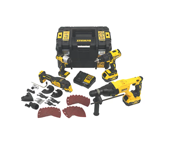 DEWALT 18V 4 Piece Kit 2 x 5Ah Battery, Combi Impact SDS Multitool Charger Box