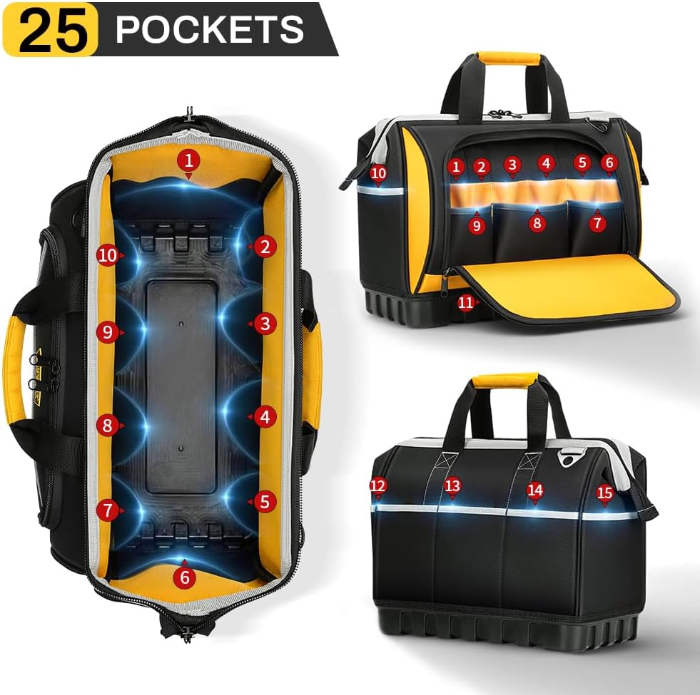 Tool Bag Shoulder Strap 16 inch 25 Pockets Heavy Duty Waterproof Base Technician