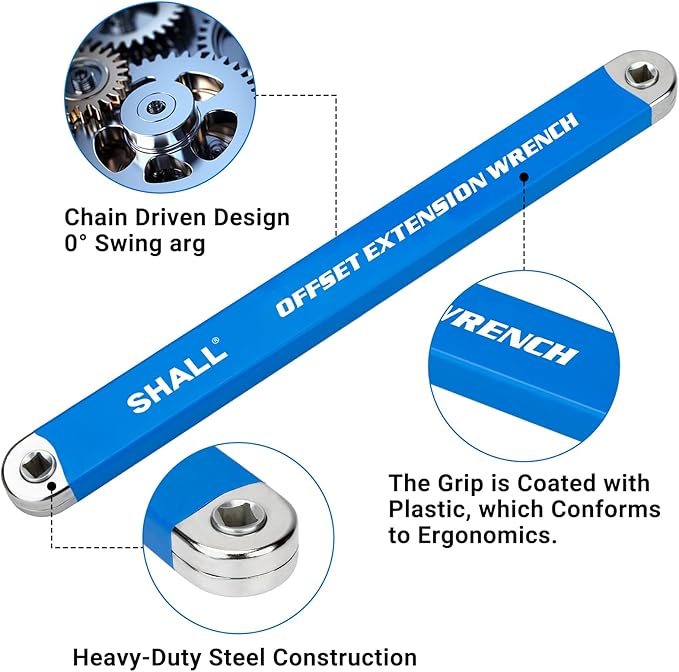 Shall Offset Extension Wrench, 15.4 inch (39 cm), with 1/2 inch, 1/4 inch and 3/8 inch Square Drive adapters and 10 Universal bits