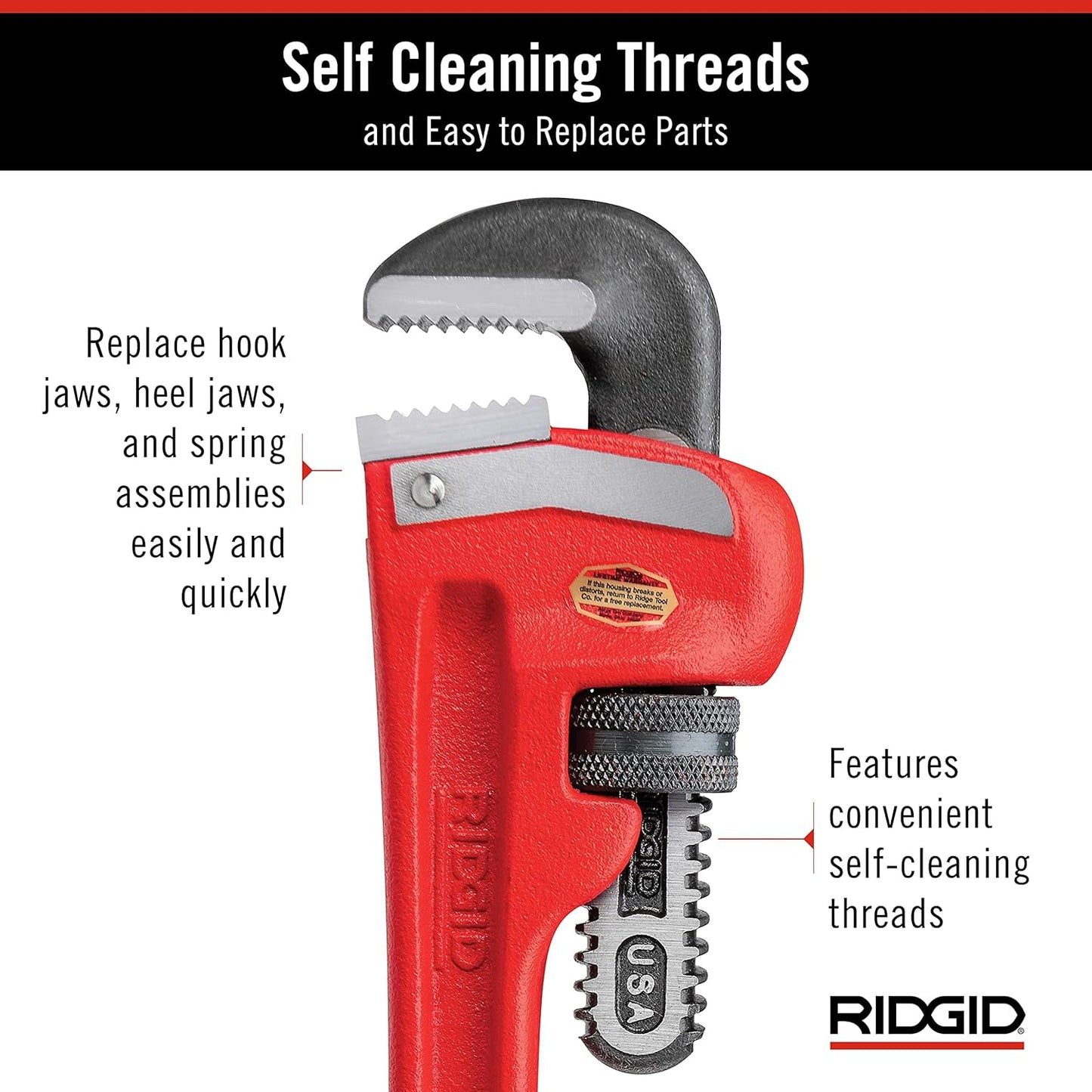 RIDGID 31010 10-inch Heavy-Duty Straight Pipe Wrench Plumbing Capacity 40mm