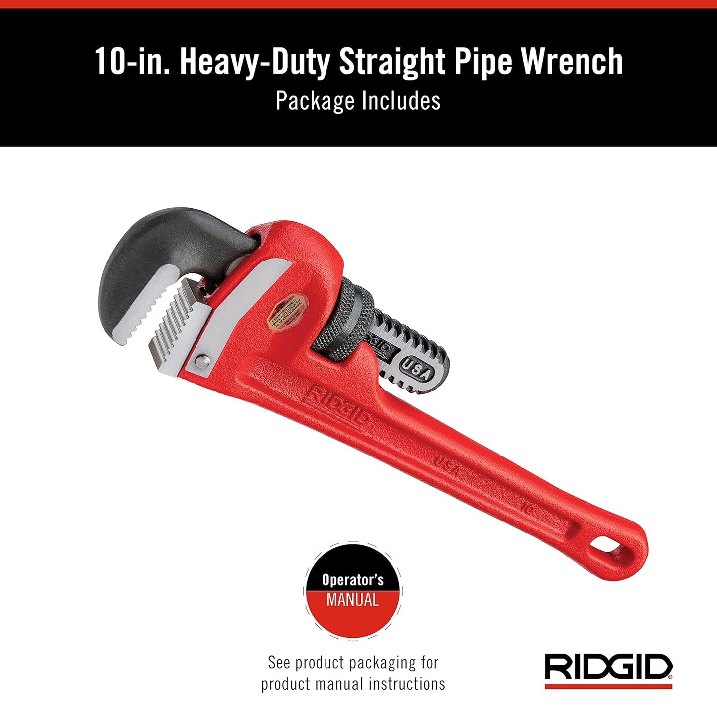 RIDGID 31010 10-inch Heavy-Duty Straight Pipe Wrench Plumbing Capacity 40mm