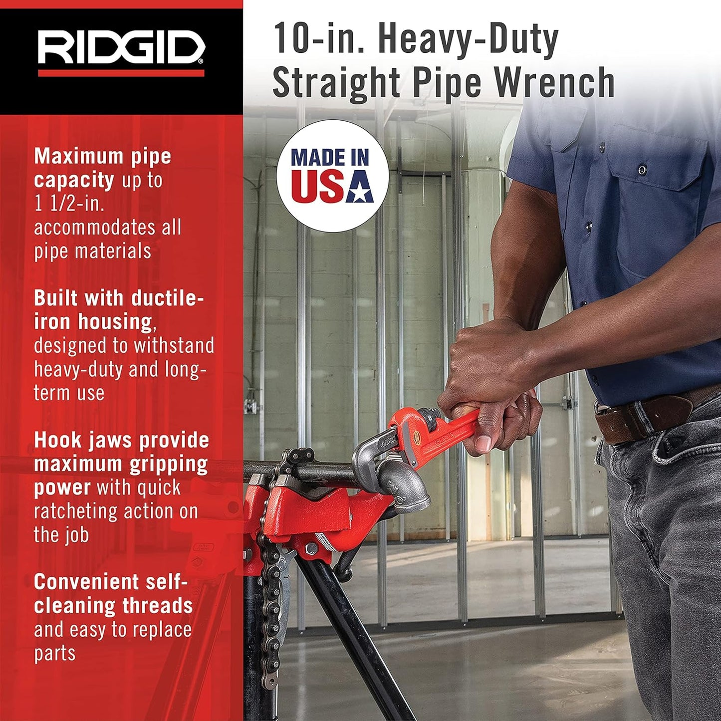 RIDGID 31010 10-inch Heavy-Duty Straight Pipe Wrench Plumbing Capacity 40mm