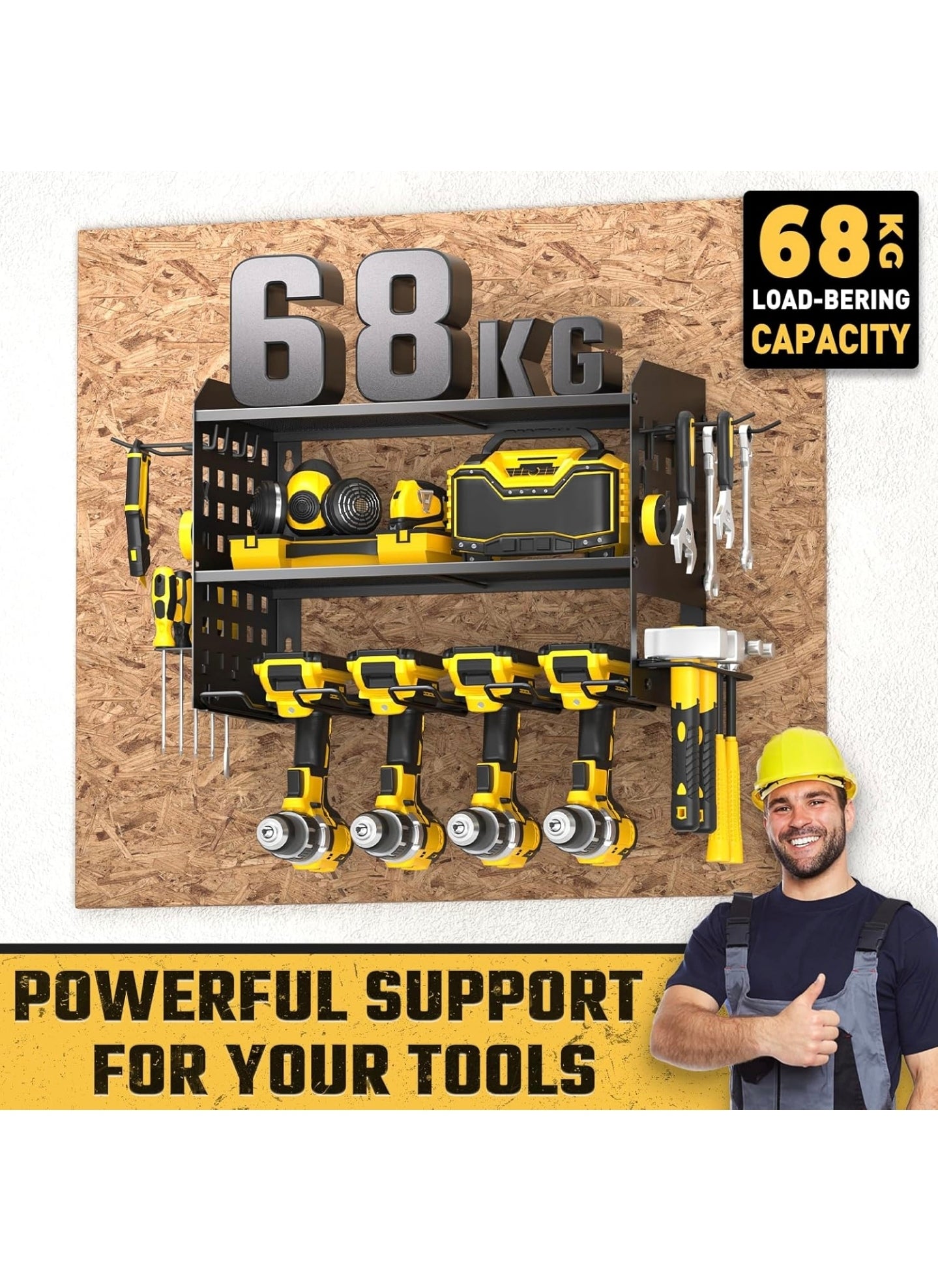 Power Tool Storage, Tool Rack for 4 Drill Holders, Heavy Duty Wall Mount Gift