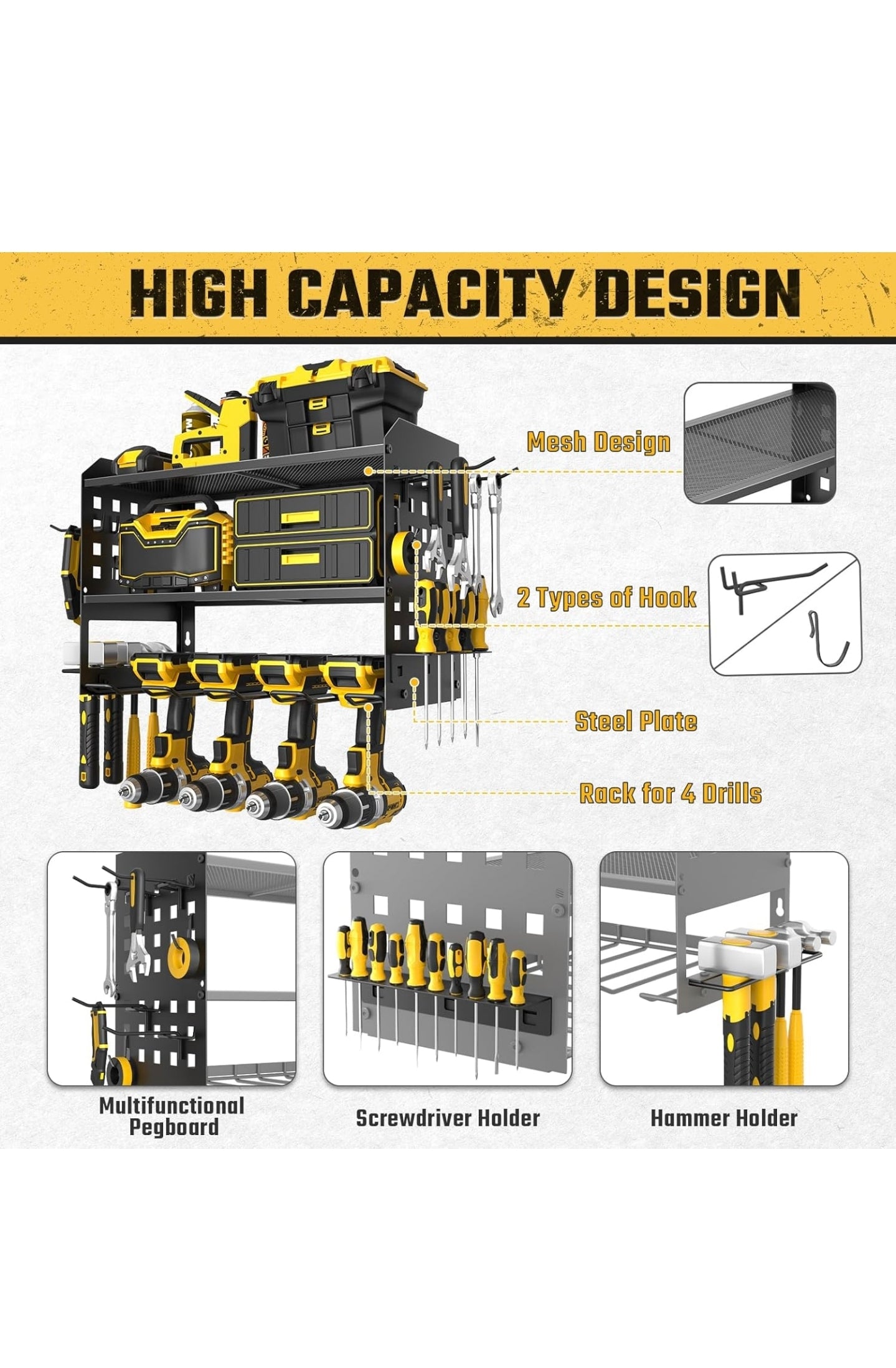 Power Tool Storage, Tool Rack for 4 Drill Holders, Heavy Duty Wall Mount Gift