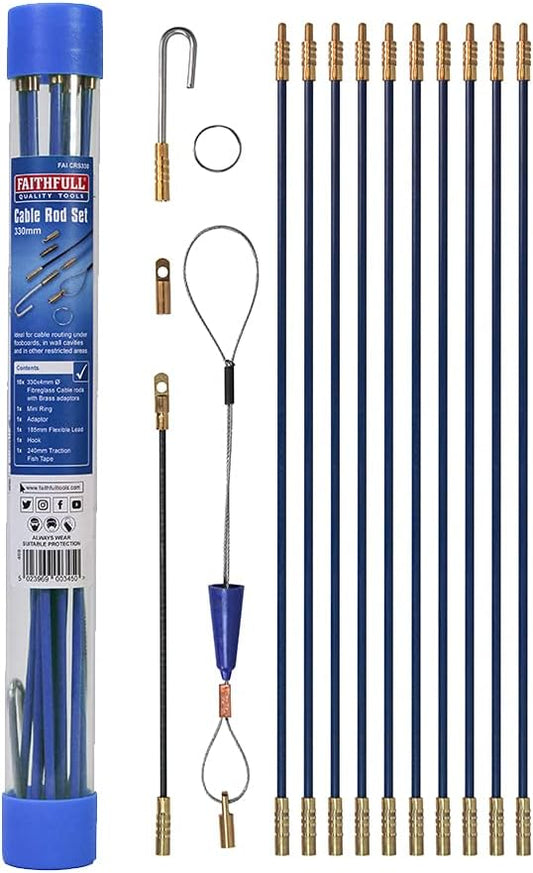 Faithfull Cable Access Rod & Accessories Kit - 15 Pieces Including 10 x 330mm Rods – Total Length 3.3 Metre