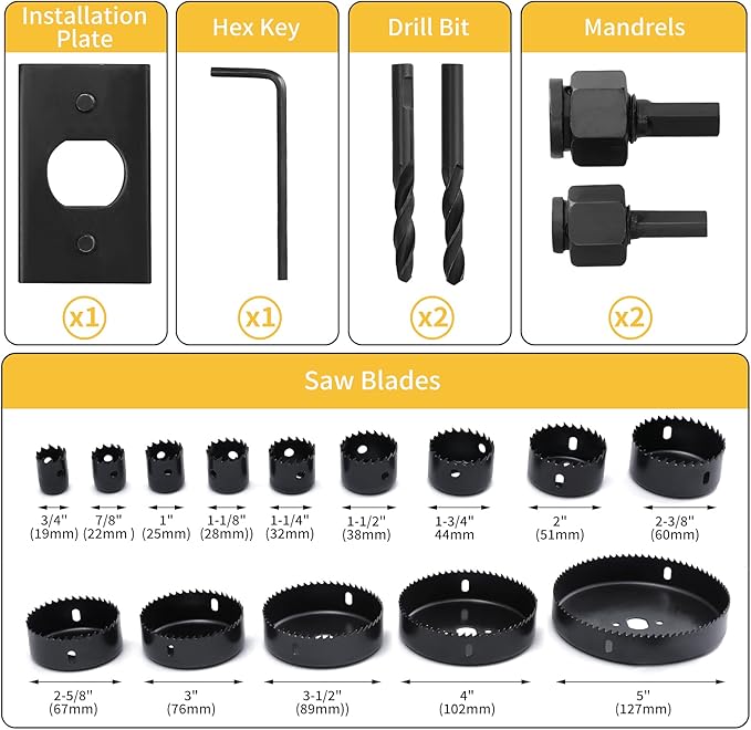 Hole Saw Kit 19Pcs 19mm-127mm Hole Cutter Set in Hard Box for Soft Wood, PVC Board and Plastic