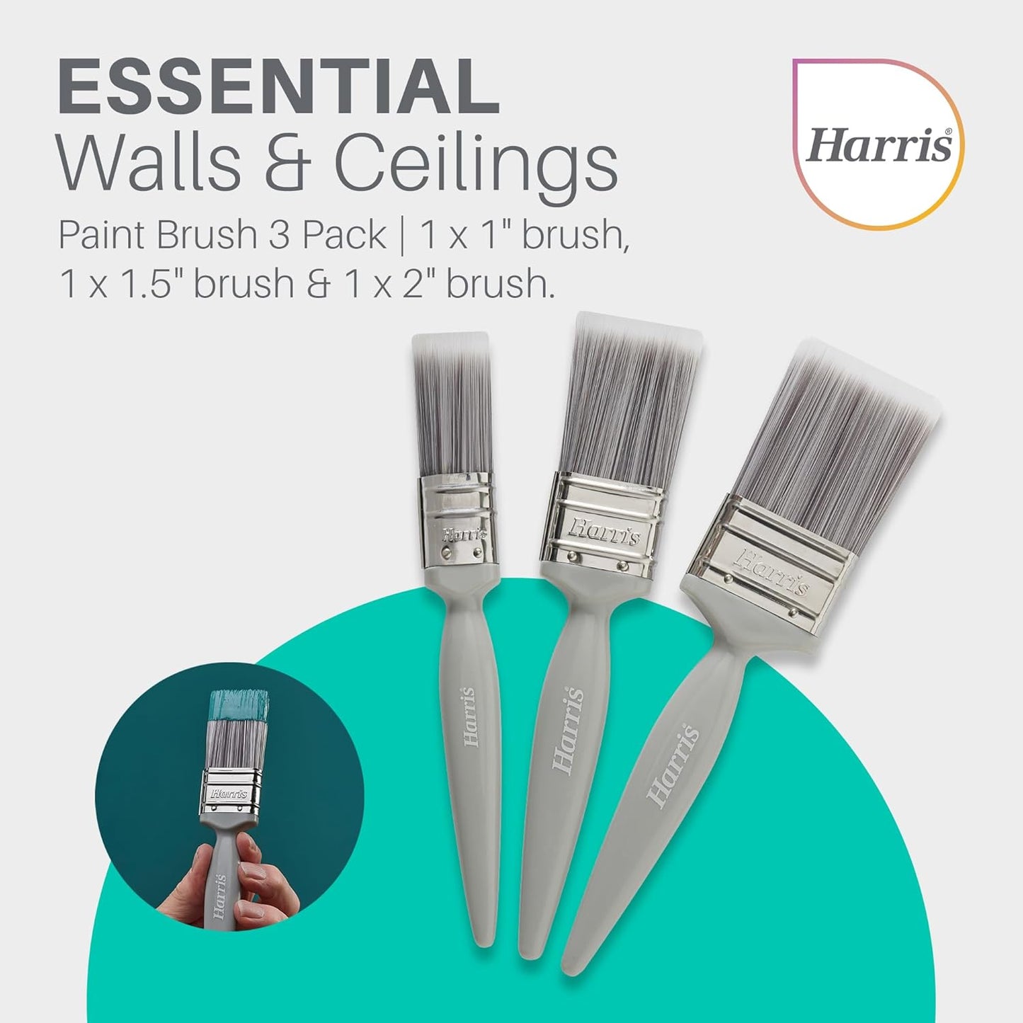 Harris Essentials Walls & Ceilings Paint Brushes 3 Brush Pack, 1", 1.5", 2" Grey