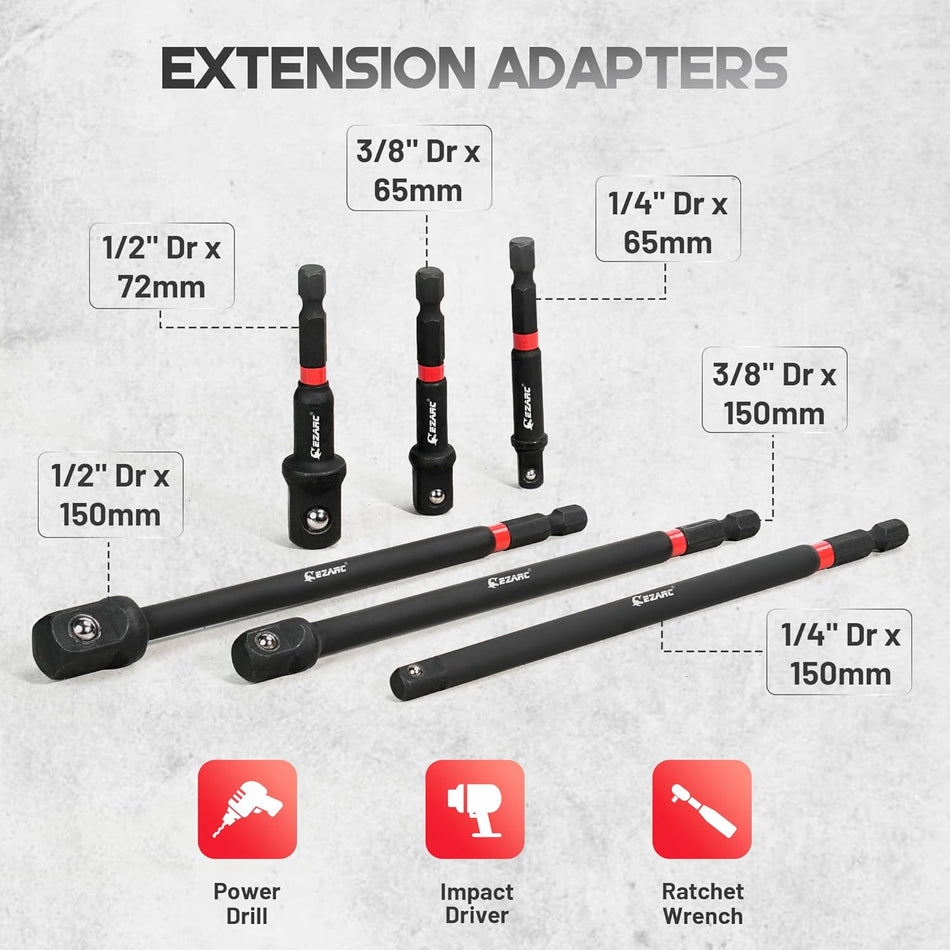EZARC Impact Socket Adapter Set 1/4",3/8",1/2" Square Drive Socket 14PCS