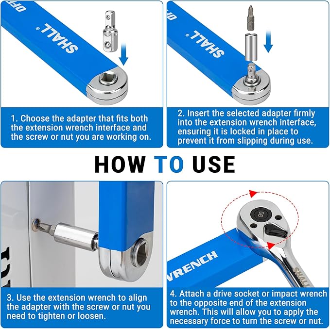 Shall Offset Extension Wrench, 15.4 inch (39 cm), with 1/2 inch, 1/4 inch and 3/8 inch Square Drive adapters and 10 Universal bits