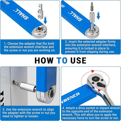 Shall Offset Extension Wrench, 15.4 inch (39 cm), with 1/2 inch, 1/4 inch and 3/8 inch Square Drive adapters and 10 Universal bits
