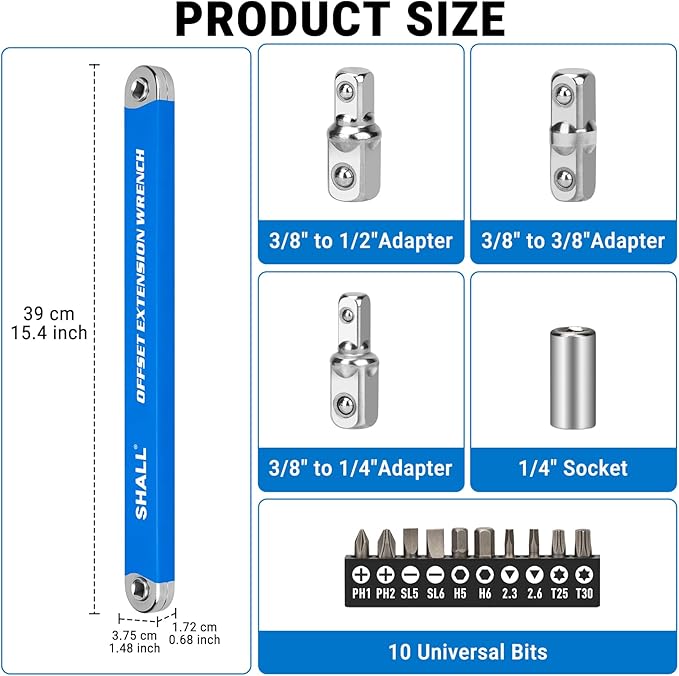 Shall Offset Extension Wrench, 15.4 inch (39 cm), with 1/2 inch, 1/4 inch and 3/8 inch Square Drive adapters and 10 Universal bits