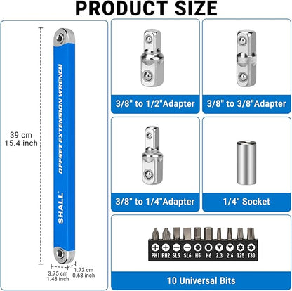 Shall Offset Extension Wrench, 15.4 inch (39 cm), with 1/2 inch, 1/4 inch and 3/8 inch Square Drive adapters and 10 Universal bits