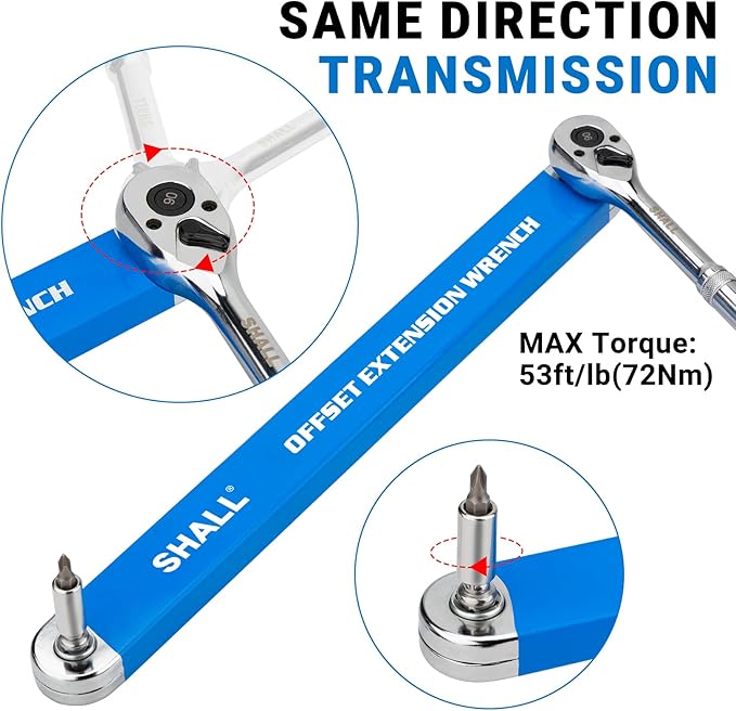Shall Offset Extension Wrench, 15.4 inch (39 cm), with 1/2 inch, 1/4 inch and 3/8 inch Square Drive adapters and 10 Universal bits