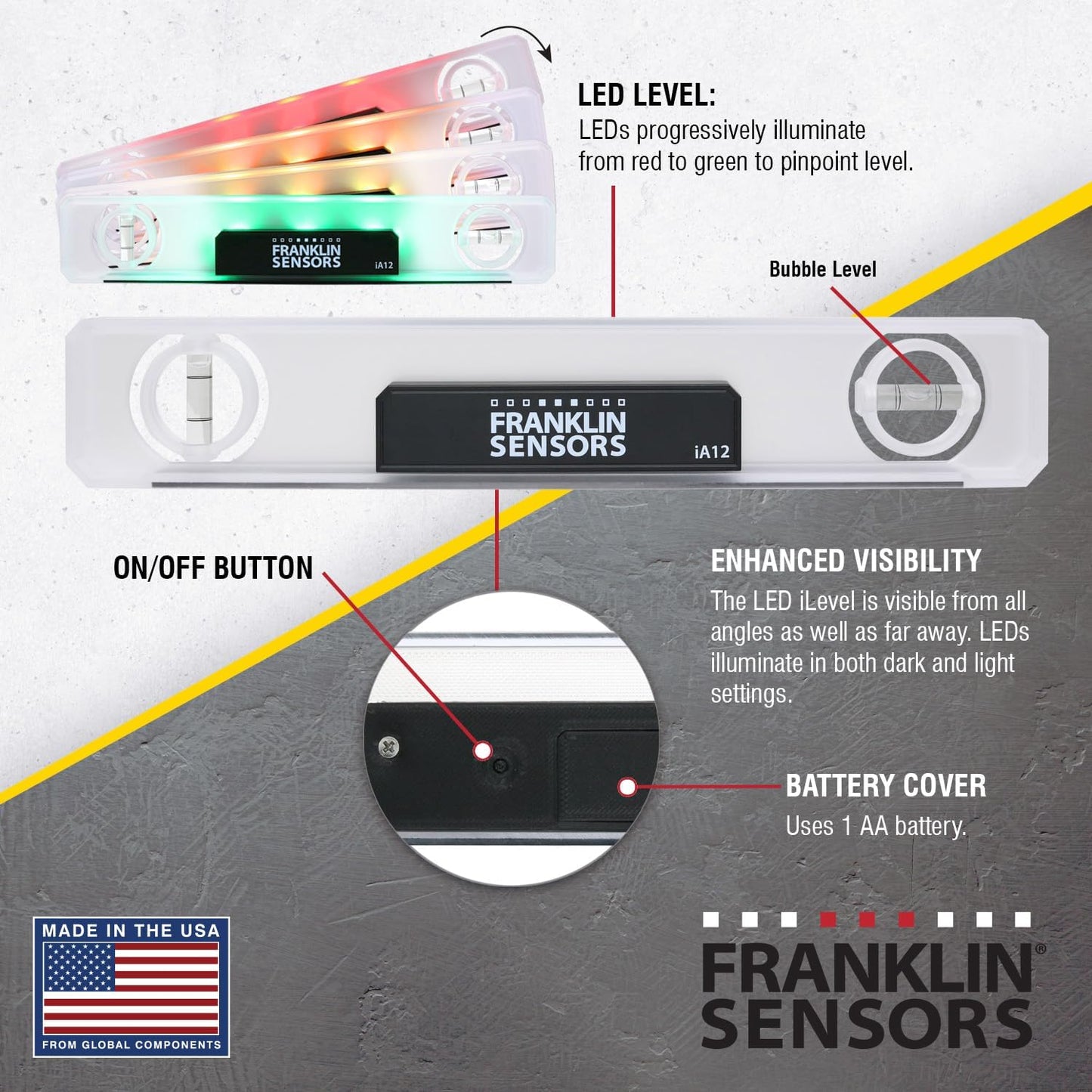 Franklin Sensors Light Level/Digital Electronic, 12-inch Magnetic Torpedo Level Vertical and Horizontal Leveler Tool with 2 Bubble Vials