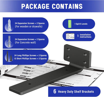 Floating Shelf Brackets 8INCH/20 CM Heavy Duty Metal L Brackets 6 Pack Black
