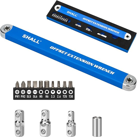 Shall Offset Extension Wrench, 15.4 inch (39 cm), with 1/2 inch, 1/4 inch and 3/8 inch Square Drive adapters and 10 Universal bits
