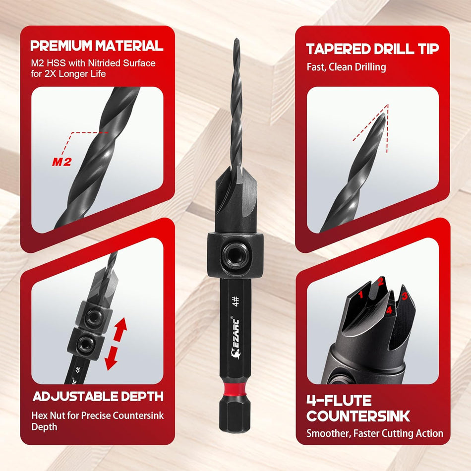 EZARC Countersink Drill Bit Set 22PCS Self Centering Wood Plug Screwdriver Bits Storage Box