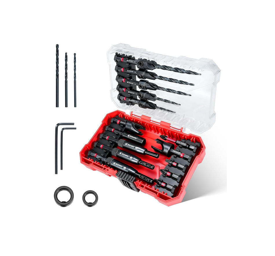 EZARC Countersink Drill Bit Set 22PCS Self Centering Wood Plug Screwdriver Bits Storage Box