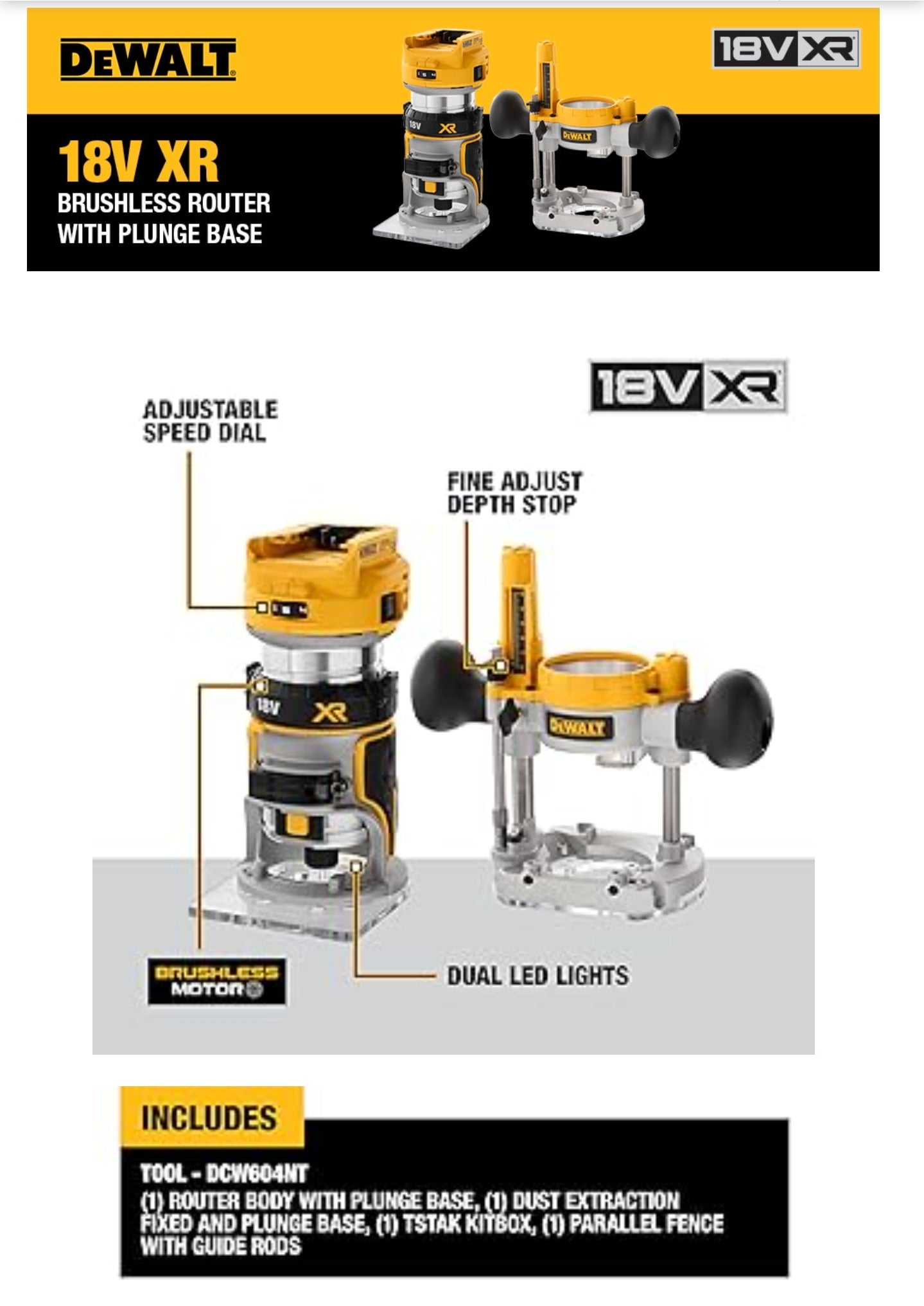 DEWALT DCW604NT-XJ Router in TSTAK Kitbox Box, 18V XR Brushless 8mm (1/4") Bare