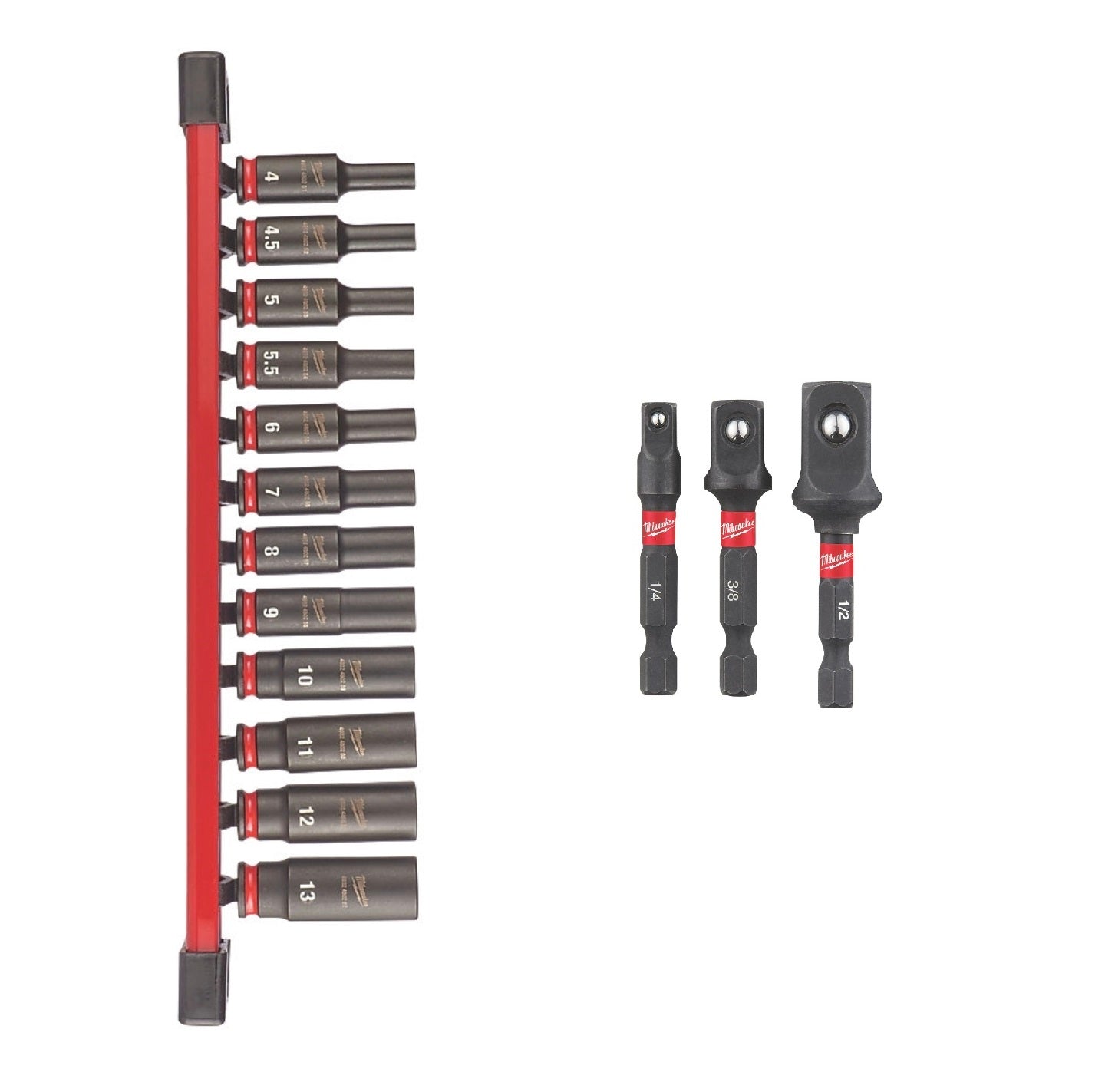 Milwaukee SHOCKWAVE 1/4" Drive Impact Socket Rail Set 12 Pieces Socket Adaptors