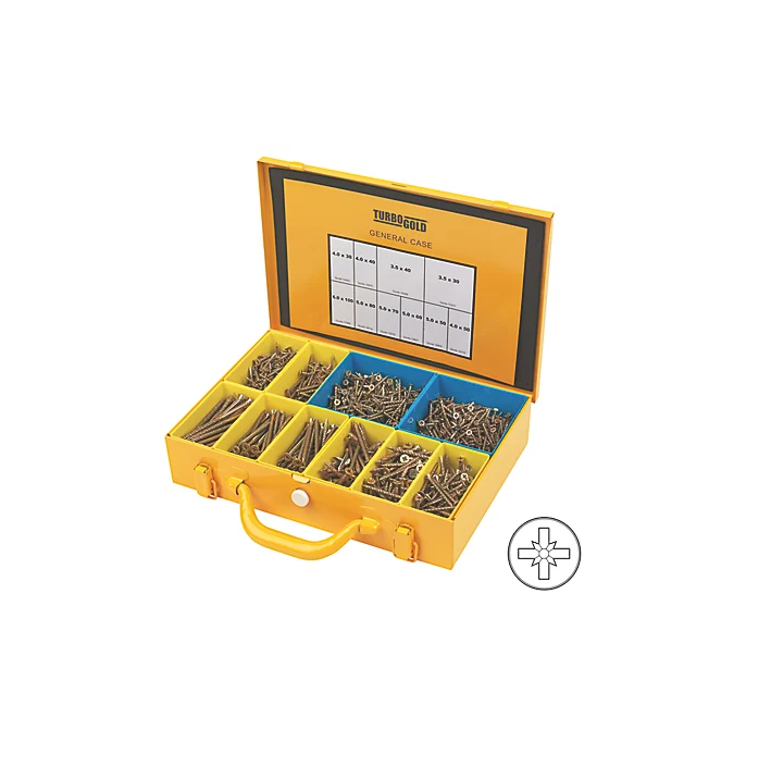 TurboGold PZ Double-Countersunk Woodscrews General Trade Metal Case 1400 Pcs