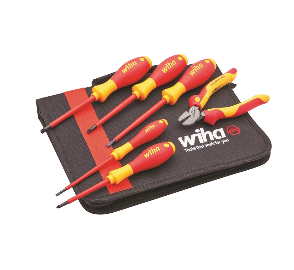 Wiha VDE Electricians Screwdrivers + Side Cutter Plier 6pc Set in Soft Case