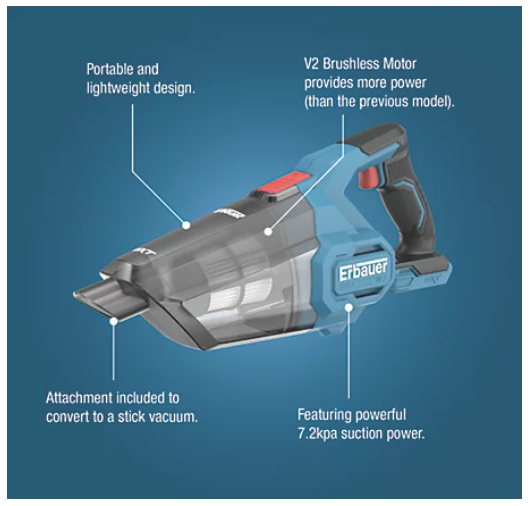 Erbauer ERI1110VAC 18V Li-Ion EXT Brushless Cordless Vacuum Cleaner - Bare