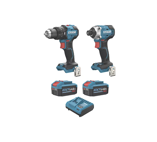 Erbauer ERI1092COM ERI1093IPD 18V 2 x 4.0Ah Li-Ion EXT Brushless Cordless Combi Drill & Impact Driver Twin Pack