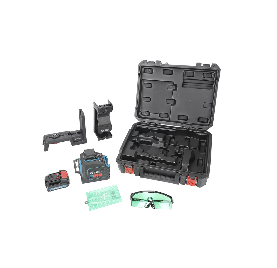 Erbauer Self Levelling Cross Line Green Laser kit with 3 x 360° planes Clamp Case
