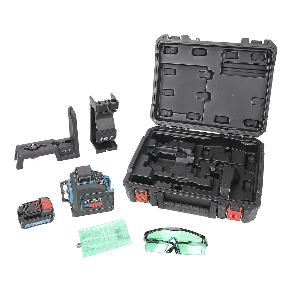 Erbauer Self Levelling Cross Line Green Laser kit with 3 x 360° planes Clamp Case